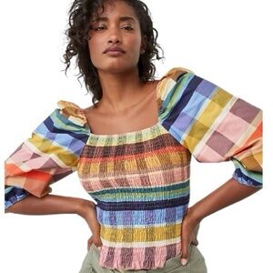 Farm Rio Seline Plaid Smoked Cropped Balloon Sleeves Blouse Size Small